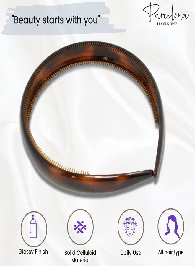 Parcelona French Bold Headband for Women – Set of 2 | 1/2" Wide Celluloid Hair Headbands, Strong Hold No-Slip Inner Teeth Grip | Girls Hair Accessories (Tortoise Shell Brown) - Image 2