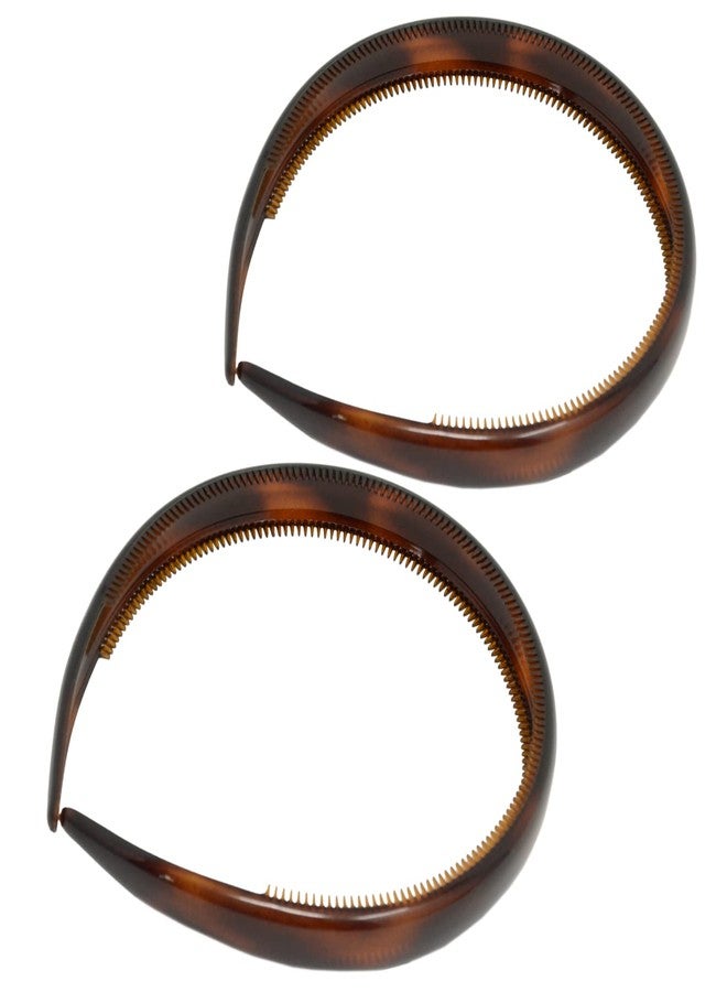 Parcelona French Bold Headband for Women – Set of 2 | 1/2" Wide Celluloid Hair Headbands, Strong Hold No-Slip Inner Teeth Grip | Girls Hair Accessories (Tortoise Shell Brown) - Image 1