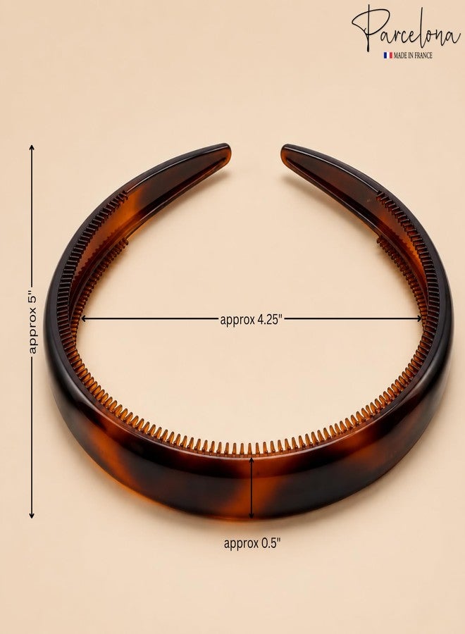 Parcelona French Bold Headband for Women – Set of 2 | 1/2" Wide Celluloid Hair Headbands, Strong Hold No-Slip Inner Teeth Grip | Girls Hair Accessories (Tortoise Shell Brown) - Image 4