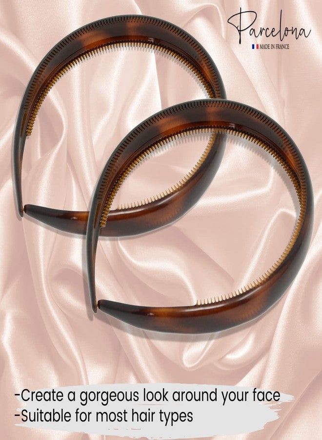 Parcelona French Bold Headband for Women – Set of 2 | 1/2" Wide Celluloid Hair Headbands, Strong Hold No-Slip Inner Teeth Grip | Girls Hair Accessories (Tortoise Shell Brown) - Image 3