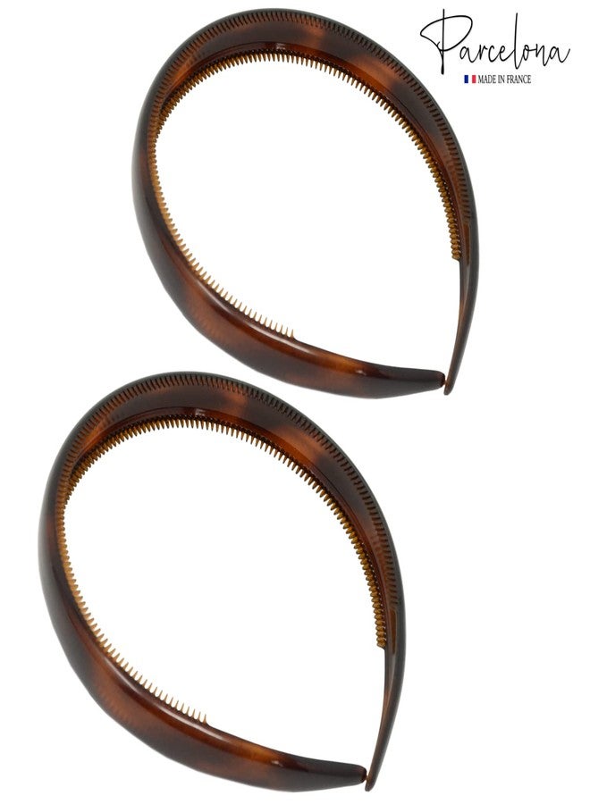 Parcelona French Bold Headband for Women – Set of 2 | 1/2" Wide Celluloid Hair Headbands, Strong Hold No-Slip Inner Teeth Grip | Girls Hair Accessories (Tortoise Shell Brown) - Image 5