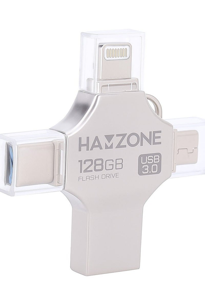 Hamzone 128GB OTG USB Flash Drive, USB 3.0 Memory Stick with 5Gbps Fast Transfer Speed, 4 in 1 Type C, Lightning, Micro USB and USB A for iPhone, iPad, Android, MacBook and PC - Image 1