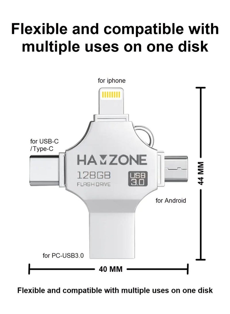 Hamzone 128GB OTG USB Flash Drive, USB 3.0 Memory Stick with 5Gbps Fast Transfer Speed, 4 in 1 Type C, Lightning, Micro USB and USB A for iPhone, iPad, Android, MacBook and PC - Image 2