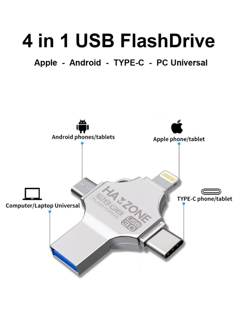 Hamzone 128GB OTG USB Flash Drive, USB 3.0 Memory Stick with 5Gbps Fast Transfer Speed, 4 in 1 Type C, Lightning, Micro USB and USB A for iPhone, iPad, Android, MacBook and PC - Image 3