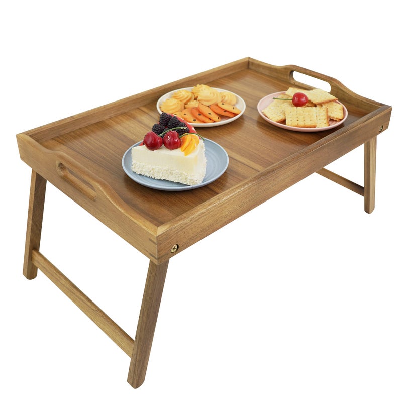 Utoplike Acacia Bed Tray Table for Eating Large Breakfast Tray with Folding Legs Wood Serving Trays for Laptop Working