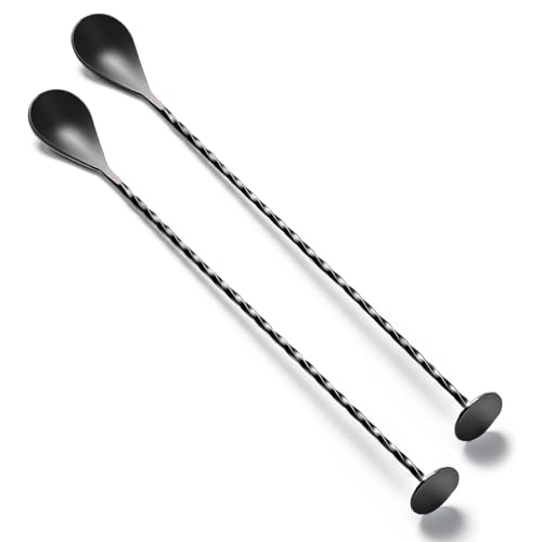 Briout Bar Spoon with Base, Cocktail Stirrers for Drinks, Stainless Steel, 12" Long Handle, Cocktail Spoon, Black, Pack of 2 - Image 1