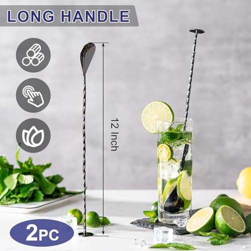 Briout Bar Spoon with Base, Cocktail Stirrers for Drinks, Stainless Steel, 12" Long Handle, Cocktail Spoon, Black, Pack of 2 - Image 2