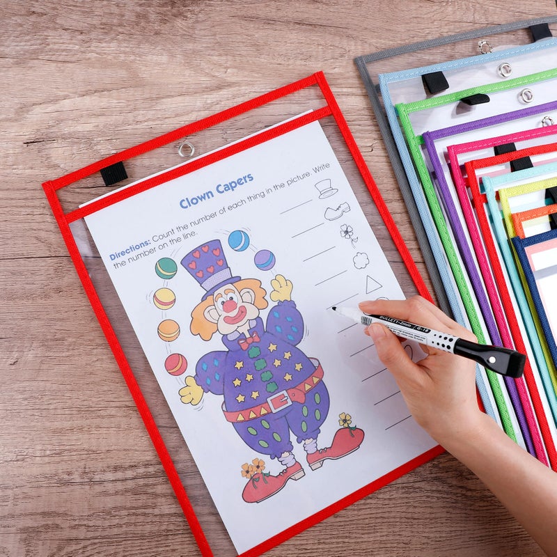 Antner أنتنر 30 حزمة جيوب قابلة للمسح الجاف بحجم كبير، حوامل تذاكر قابلة لإعادة الاستخدام، واقيات صفحات بلاستيكية شفافة، جيوب عمل ثقيلة، لوازم تنظيم مكتب المعلم في الفصل الدراسي، 10 ألوان - Image 5