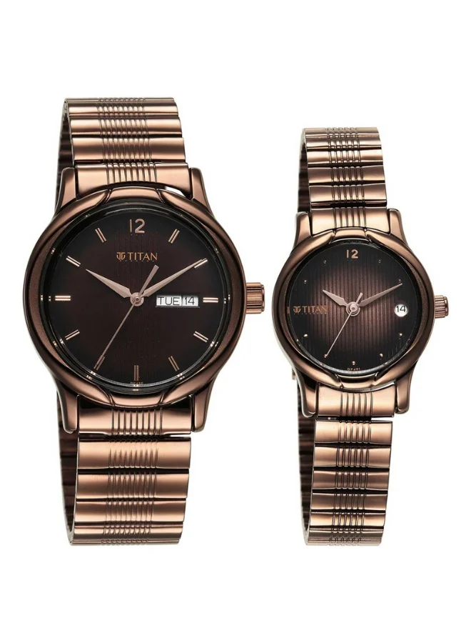TITAN Bandhan Quartz Analog with Day & Date Brown Dial Brown Stainless Steel Strap Couple Watch - 15802490QM01