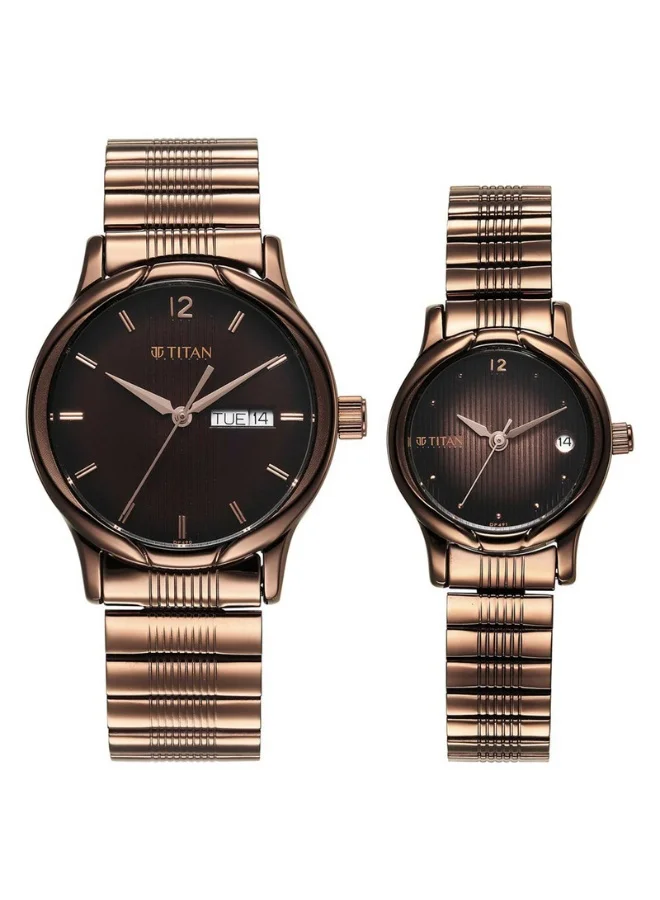 TITAN Bandhan Quartz Analog with Day & Date Brown Dial Brown Stainless Steel Strap Couple Watch - 15802490QM01