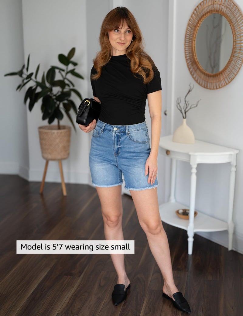 luvamia FleXclusive Jean Shorts for Women Trendy High Waisted Stretchy Denim Summer Casual Raw Hem Mom Long Cutoff Jorts Mom Shorts for Women Lakeside Blue Size Medium Fits US 8-10 - Image 4