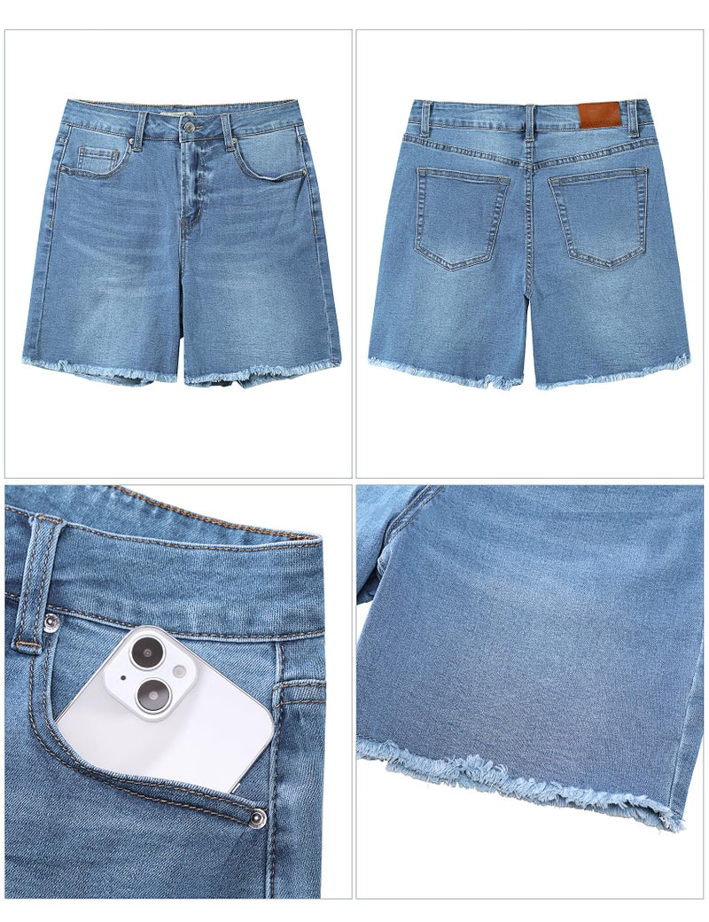 luvamia FleXclusive Jean Shorts for Women Trendy High Waisted Stretchy Denim Summer Casual Raw Hem Mom Long Cutoff Jorts Mom Shorts for Women Lakeside Blue Size Medium Fits US 8-10 - Image 5