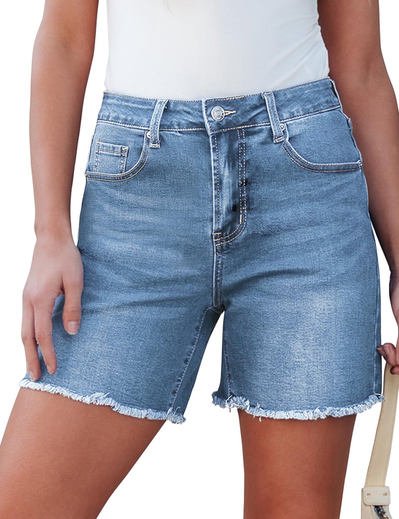 luvamia FleXclusive Jean Shorts for Women Trendy High Waisted Stretchy Denim Summer Casual Raw Hem Mom Long Cutoff Jorts Mom Shorts for Women Lakeside Blue Size Medium Fits US 8-10 - Image 1
