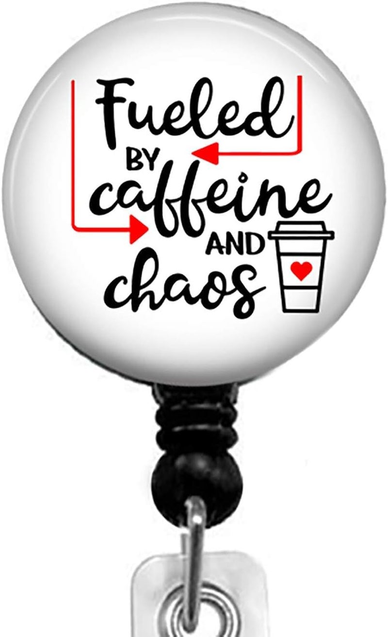 BOGZON Fueled by Caffeine and Chaos Retractable Badge Reel with Alligator Clip，Name Nurse ID Card Badge Holder Reel, Decorative Custom Badge Holder - Image 1