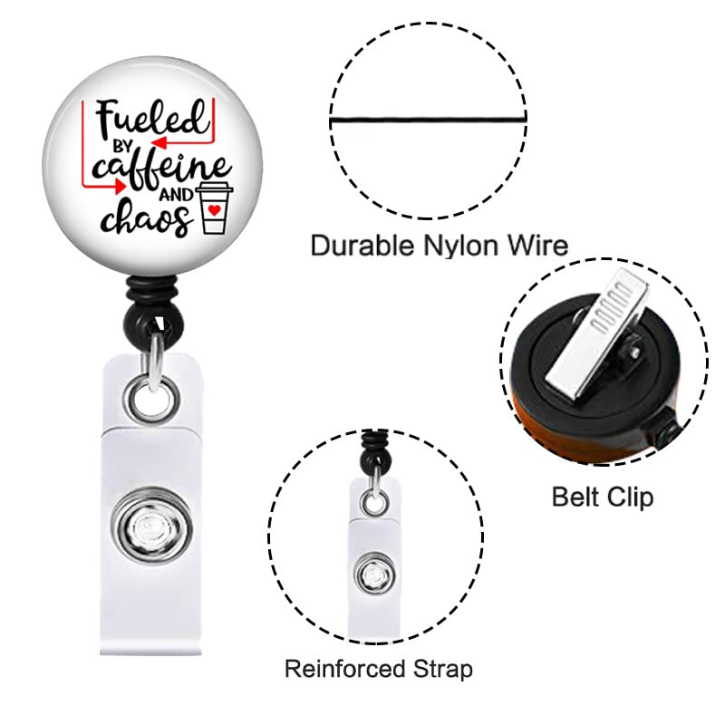 BOGZON Fueled by Caffeine and Chaos Retractable Badge Reel with Alligator Clip，Name Nurse ID Card Badge Holder Reel, Decorative Custom Badge Holder - Image 3
