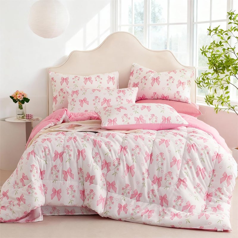 CCoutueChen Pink Bow Comforter Set Full 3Pcs Pink Floral Bedding Set for Girls Kids Romantic Princess Style Bowknot Bedding Ultra Soft Reversible Garden Flower Comforter Sets with 2 Pillowcases - Image 1