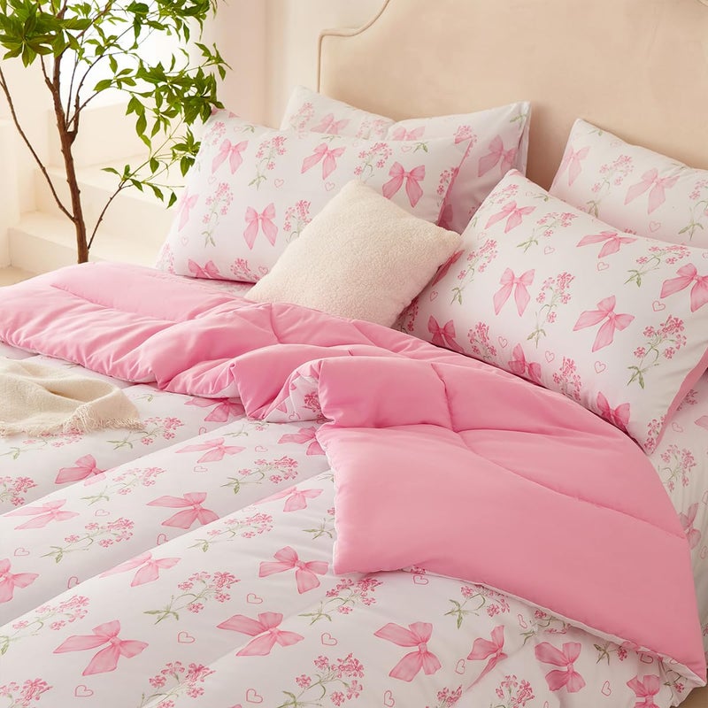 CCoutueChen Pink Bow Comforter Set Full 3Pcs Pink Floral Bedding Set for Girls Kids Romantic Princess Style Bowknot Bedding Ultra Soft Reversible Garden Flower Comforter Sets with 2 Pillowcases - Image 5
