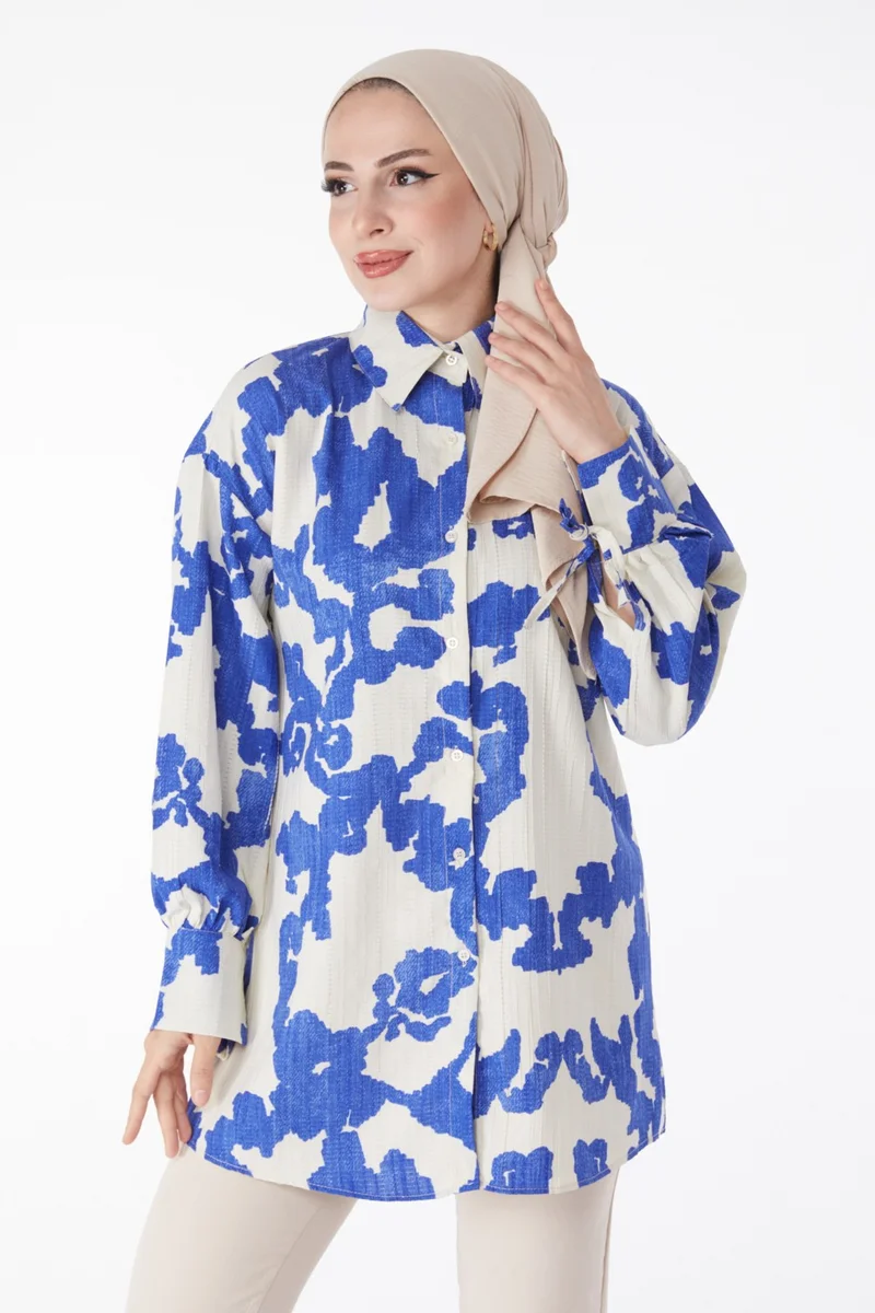 Tofisa Plain Shirt Collar Women's Blue Patterned Shirt - 25258