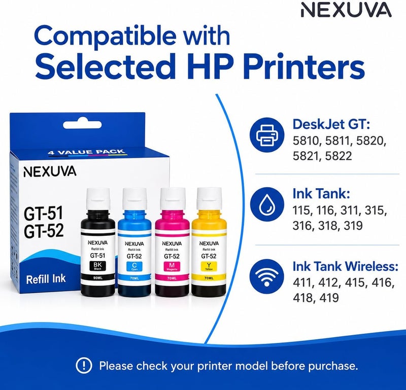 NEXUVA GT52 Compatible Ink Cartridge for Use in HP GT Series 310 315 319 410 415 419 5810 5820 5821 – Black, Cyan, Magenta, Yellow – High Yield (Set of 4) - Image 4