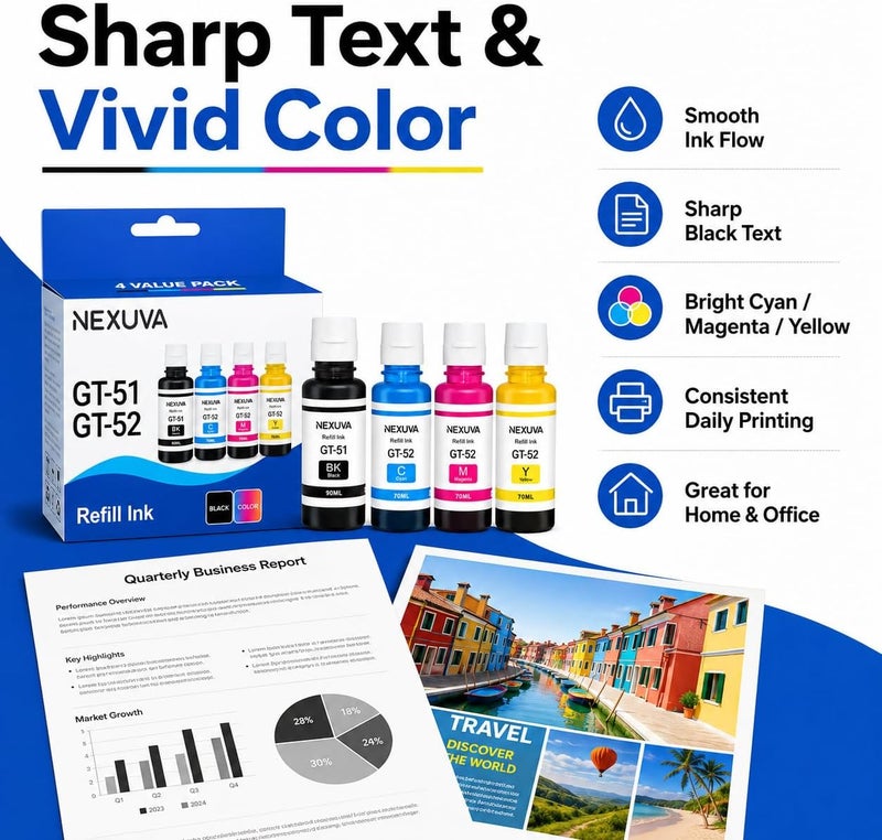 NEXUVA GT52 Compatible Ink Cartridge for Use in HP GT Series 310 315 319 410 415 419 5810 5820 5821 – Black, Cyan, Magenta, Yellow – High Yield (Set of 4) - Image 5