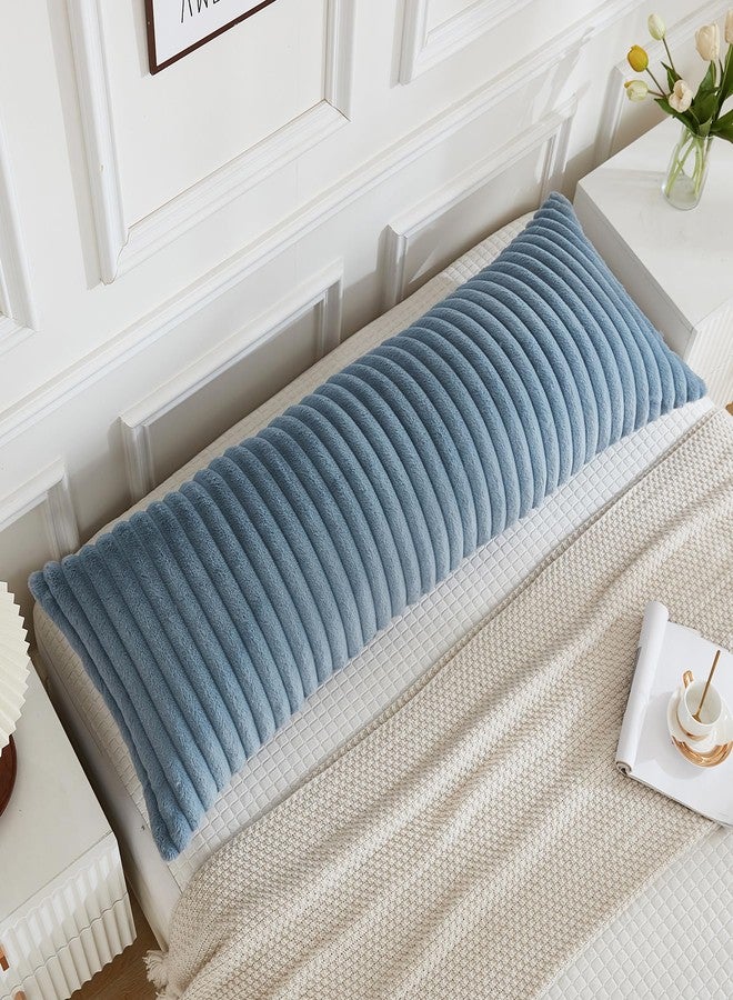 JAUXIO Faux Fur Fluffy Body Pillow Cover Luxury Textured Vertical Stripe Plush Decorative Body Pillowcase, Ultra Soft and Cozy Zipper Closure 21 x 54 Inches, Dusty Blue - Image 3