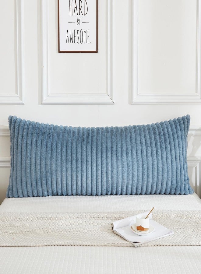 JAUXIO Faux Fur Fluffy Body Pillow Cover Luxury Textured Vertical Stripe Plush Decorative Body Pillowcase, Ultra Soft and Cozy Zipper Closure 21 x 54 Inches, Dusty Blue - Image 2