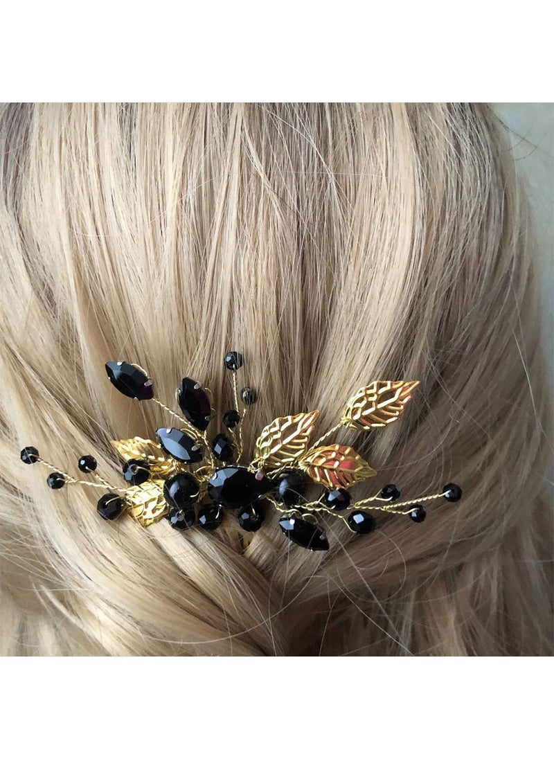 YERTTER - YERTTER Wedding Black Crystal Leaf Bridal Hair Comb Clip Leaves Wedding Hair Accessories for Bride Bridesmaid Flower Girls Black and Gold - Image 1
