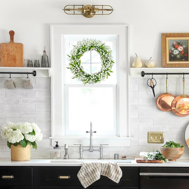 Briful Spring Wreaths for Front Door 16 Inch Artificial Lily of The Valley Flower Wreath White Floral Hanging Wreath for Home Wall Mantle Outdoor Porch Wedding Party Decor - Image 4