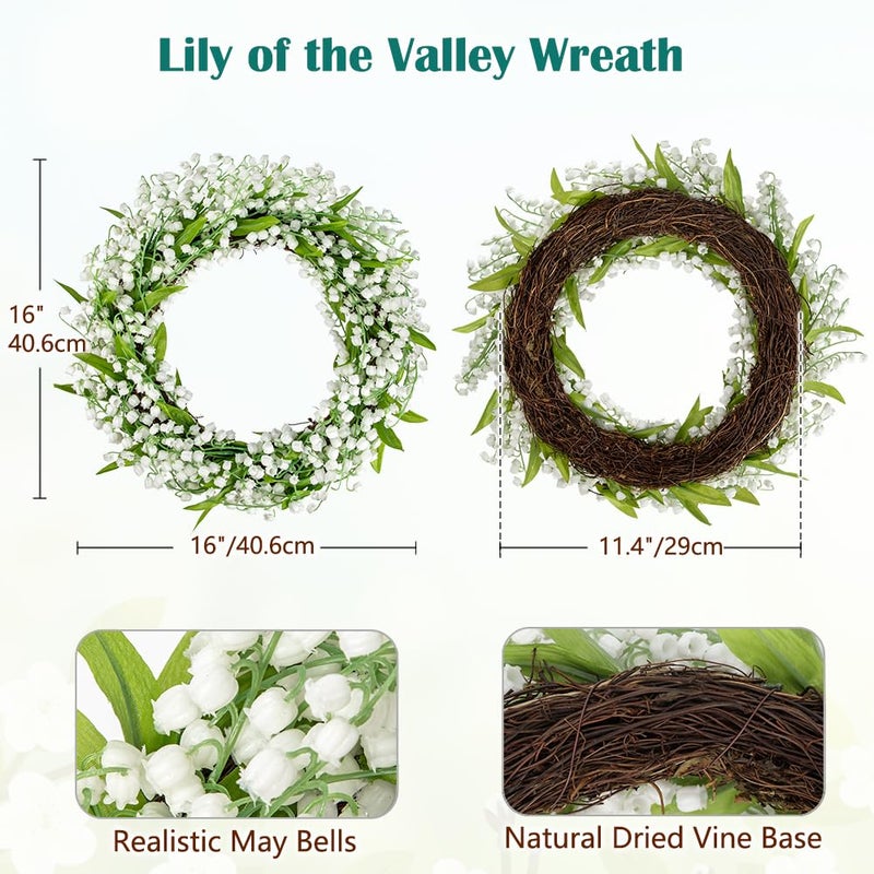 Briful Spring Wreaths for Front Door 16 Inch Artificial Lily of The Valley Flower Wreath White Floral Hanging Wreath for Home Wall Mantle Outdoor Porch Wedding Party Decor - Image 2