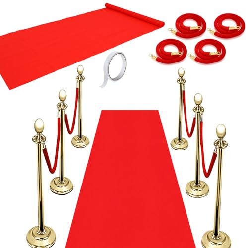 Red Carpet Runner 26 x 15 ft Carpet Aisle Runner Rug 55gsm Thickness with 4 Pieces Red Velvet Stanchion Rope Crowd Control Rope Barrier with Gold Color Plated Hooks 5 Feet