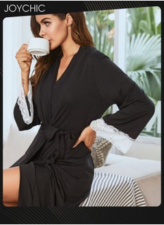 Joychic Autumn and Winter Casual Women Long-sleeved Nightgown Lace Cuff Design Long Sleep Robe V-neck Comfortable Sleepwear with Adjustable Belt Black  - Image 1