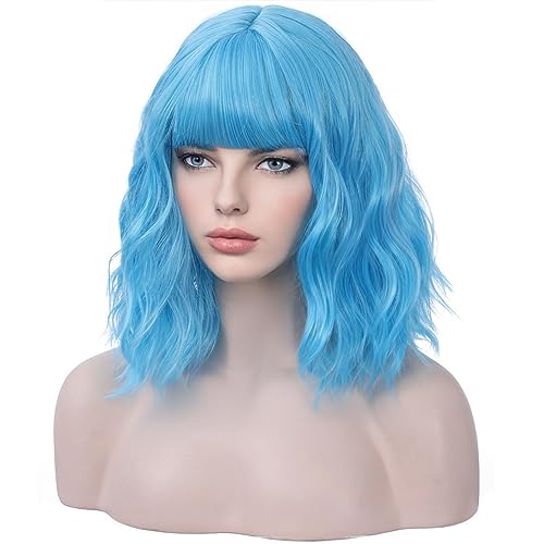 BERON Women Girls Short Curly Wavy Wig with Flat Bangs Rose Net for Party Halloween Cosplay (Sky Blue) - Image 3