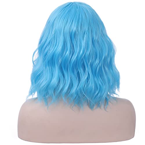 BERON Women Girls Short Curly Wavy Wig with Flat Bangs Rose Net for Party Halloween Cosplay (Sky Blue) - Image 4