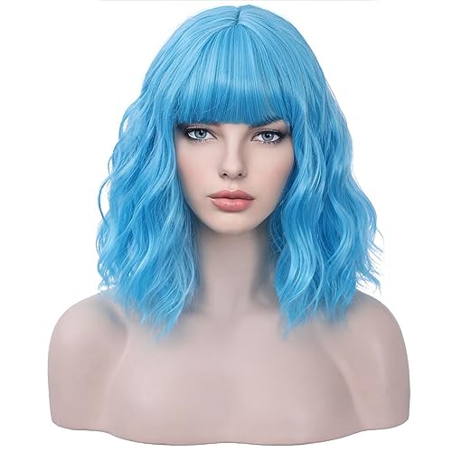 BERON Women Girls Short Curly Wavy Wig with Flat Bangs Rose Net for Party Halloween Cosplay (Sky Blue) - Image 1