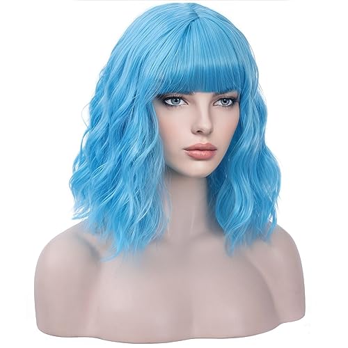BERON Women Girls Short Curly Wavy Wig with Flat Bangs Rose Net for Party Halloween Cosplay (Sky Blue) - Image 2
