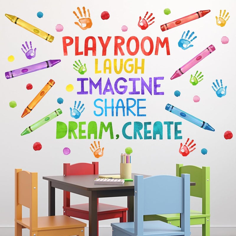 Mfault Playroom Wall Decals Stickers Crayon Handprint Polka Dots Inspirational Quote Nursery Decorations Daycare Art Laugh Imagine Share Dream Create Toddler Kids Room Bedroom School Classroom Decor - Image 1