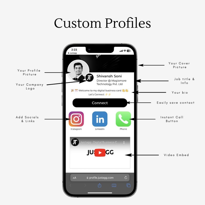 Justagg Digital Business Card - Add to Your Phone to instantly Share Contact Info, Social Media, website, videos, presentation & More - for iPhone and Android - Features NFC Tap & Advanced QR (White) - Image 5