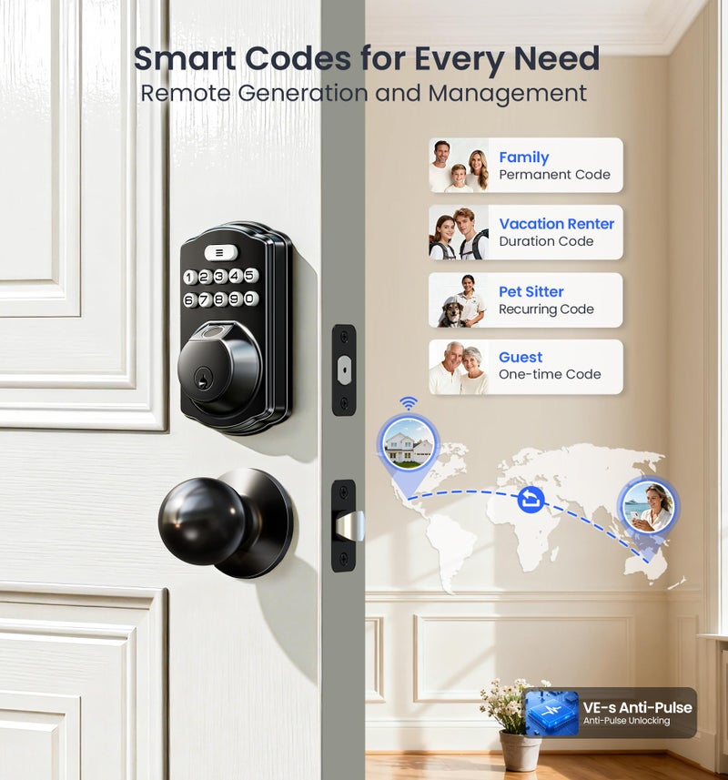 Veise VE012W-K Built-in WiFi Fingerprint Smart Lock with 2 Knobs, No Hub Needed, Remote APP Control, Keyless Entry Door Lock, Smart Deadbolt for Front Door, Auto Locking, Matte Black - Image 4