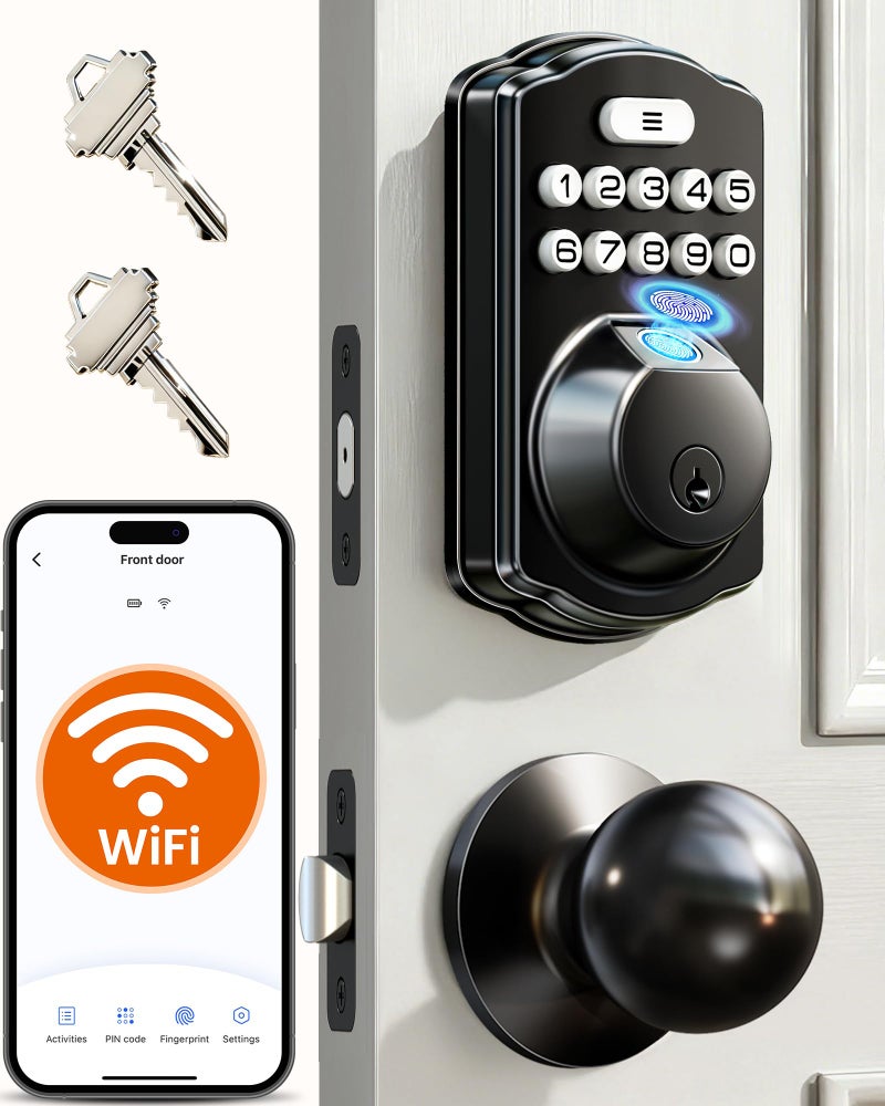 Veise VE012W-K Built-in WiFi Fingerprint Smart Lock with 2 Knobs, No Hub Needed, Remote APP Control, Keyless Entry Door Lock, Smart Deadbolt for Front Door, Auto Locking, Matte Black - Image 1
