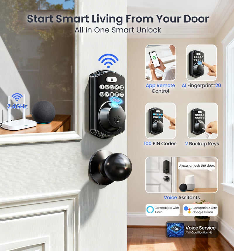 Veise VE012W-K Built-in WiFi Fingerprint Smart Lock with 2 Knobs, No Hub Needed, Remote APP Control, Keyless Entry Door Lock, Smart Deadbolt for Front Door, Auto Locking, Matte Black - Image 3