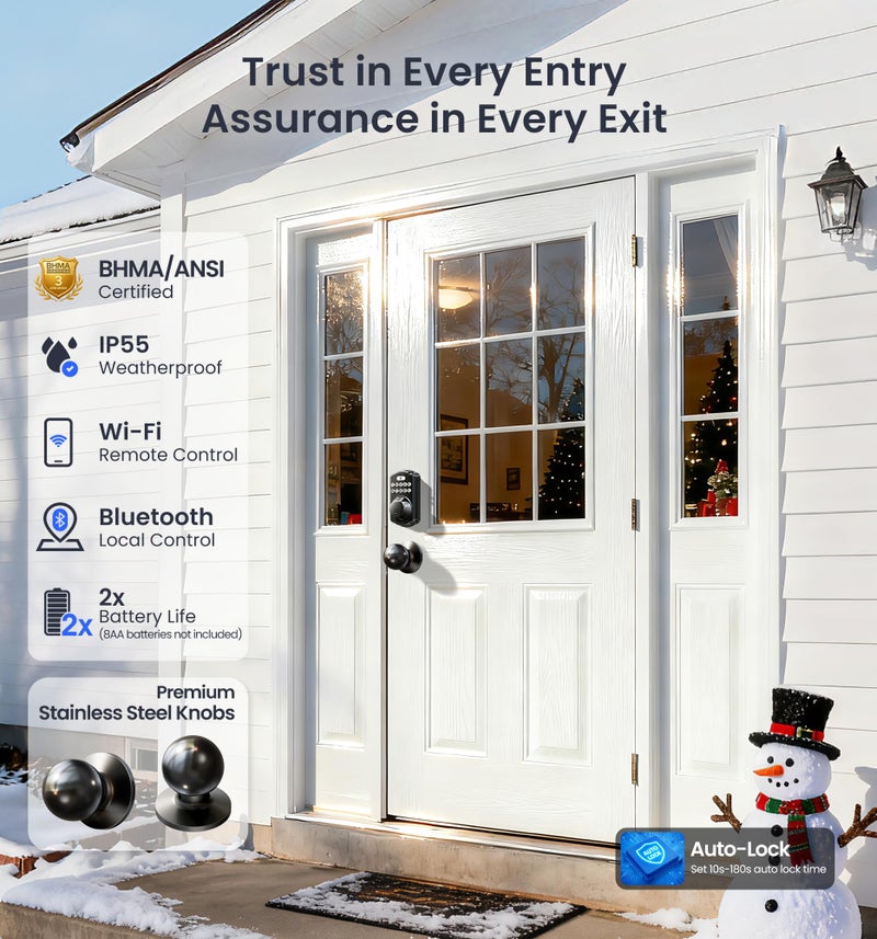 Veise VE012W-K Built-in WiFi Fingerprint Smart Lock with 2 Knobs, No Hub Needed, Remote APP Control, Keyless Entry Door Lock, Smart Deadbolt for Front Door, Auto Locking, Matte Black - Image 5
