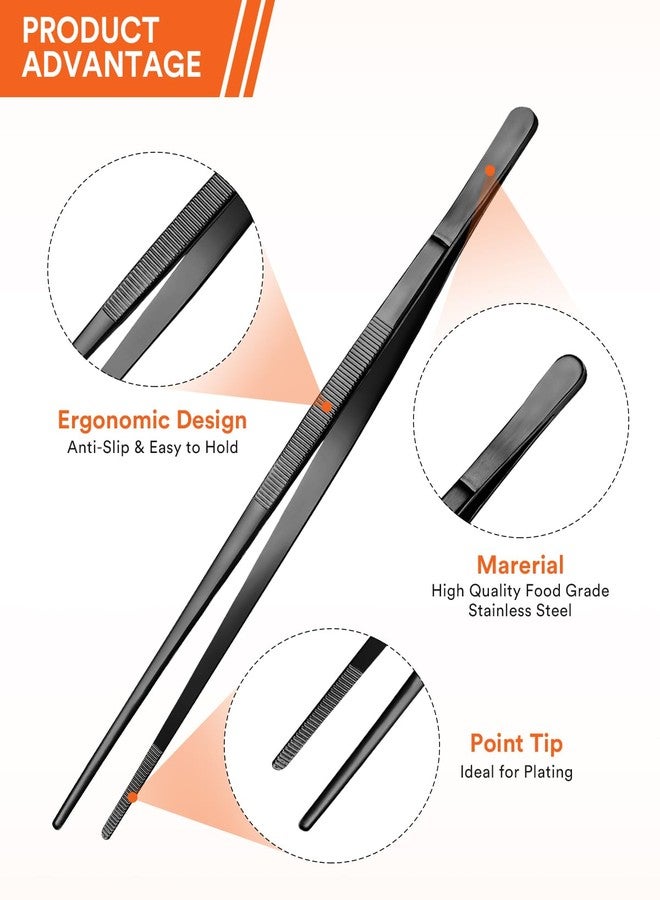 Badiano Kitchen Tweezers Fine Tweezer Tongs For Cooking, Black Stainless Steel Food Tweezers, Multi-function Precision Serrated Tips Cooking Tongs Kitchen Serving Tong (Black, 8 inch) - Image 3