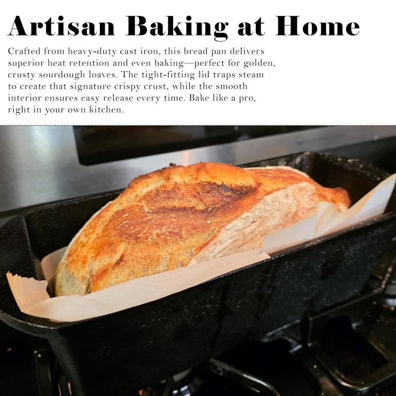 Cuisiland Rectangular Cast Iron Bread Loaf Pan & Proofing Basket, Heavy Duty 11x4.75x4,25" (14" L/Handles) with Lid (BLP137BU) - Image 3