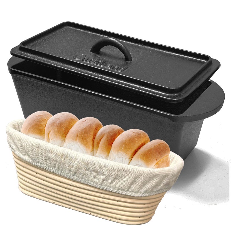 Cuisiland Rectangular Cast Iron Bread Loaf Pan & Proofing Basket, Heavy Duty 11x4.75x4,25" (14" L/Handles) with Lid (BLP137BU) - Image 1