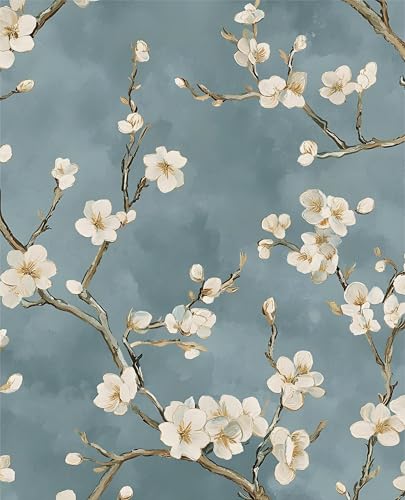Laatse Vintage Floral Wallpaper Peel and Stick Blue White Flowers Contact Paper Vinyl Self Adhesive Removable Retro Cherry Blossom Wall Mural Wall Paper for Room Walls Shelve Cabinet Table Decor 175 x 393 - Image 1