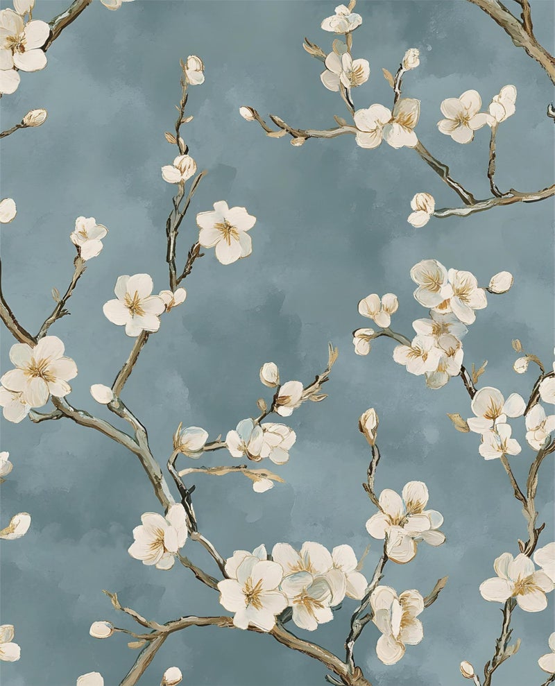 Laatse Vintage Floral Wallpaper Peel and Stick Blue White Flowers Contact Paper Vinyl Self Adhesive Removable Retro Cherry Blossom Wall Mural Wall Paper for Room Walls Shelve Cabinet Table Decor 175 x 393 - Image 2