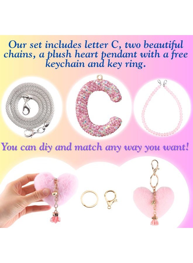 MOTOFITOOL Bling Pink Car Accessories for Women Letter Charm, Rainbow Color Rear View Mirror Cute Crystal Pendant Car Decorations, Lucky Gifts Diamond Rhinestone Charm Interior (C, Tassel Heart) - Image 2