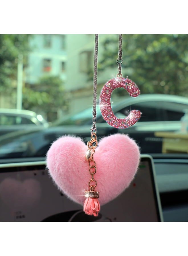 MOTOFITOOL Bling Pink Car Accessories for Women Letter Charm, Rainbow Color Rear View Mirror Cute Crystal Pendant Car Decorations, Lucky Gifts Diamond Rhinestone Charm Interior (C, Tassel Heart) - Image 1