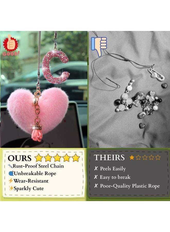 MOTOFITOOL Bling Pink Car Accessories for Women Letter Charm, Rainbow Color Rear View Mirror Cute Crystal Pendant Car Decorations, Lucky Gifts Diamond Rhinestone Charm Interior (C, Tassel Heart) - Image 3