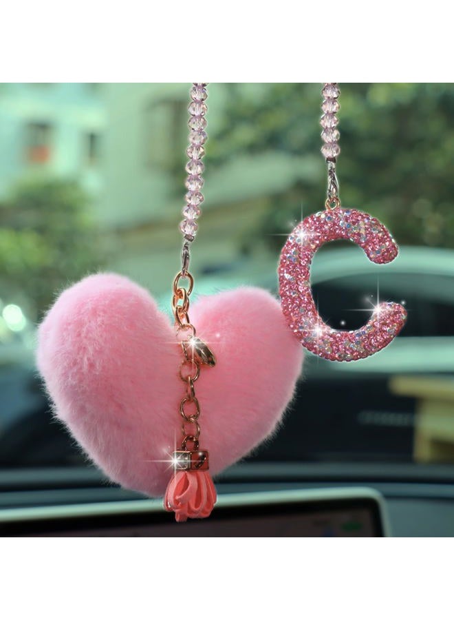 MOTOFITOOL Bling Pink Car Accessories for Women Letter Charm, Rainbow Color Rear View Mirror Cute Crystal Pendant Car Decorations, Lucky Gifts Diamond Rhinestone Charm Interior (C, Tassel Heart) - Image 4